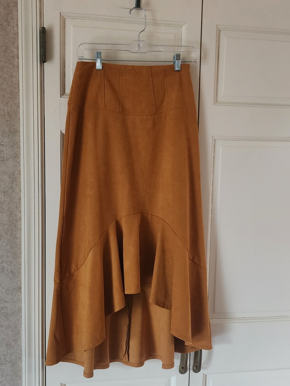 Anthropologie Maeve Orange Flounced Faux Suede Midi Skirt High-low .New no Tag. - Picture 2 of 8